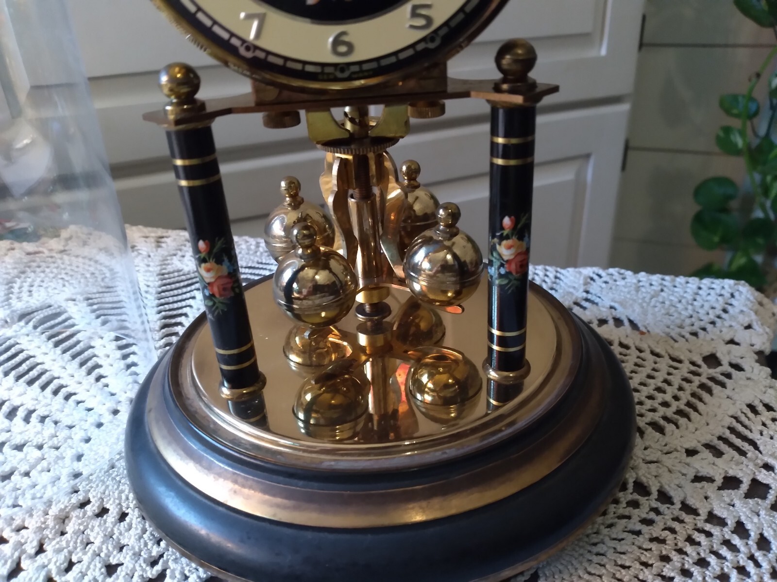 VINTAGE KOMA GERMAN BRASS CLOCK WITH FLORAL DESIGN AND PLASTIC DOME AS
