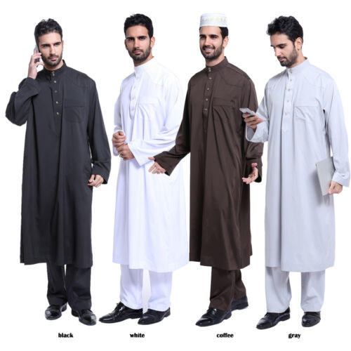 Men Muslim Fashion Kaftan Long Sleeve Robe Arab Loose Abaya Galabia Dress Thobe - Afbeelding 1 van 17