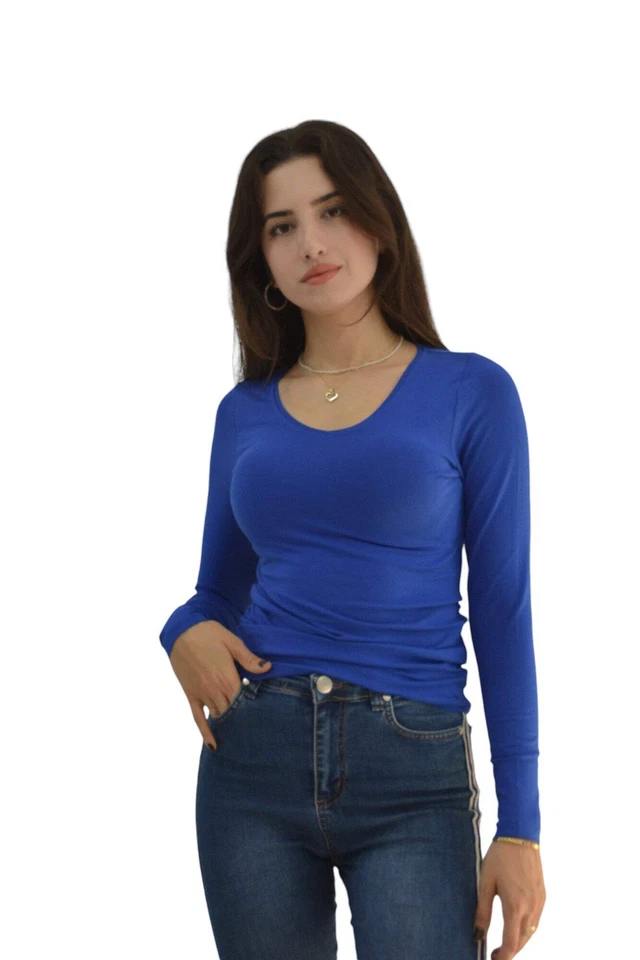 Body lang arm T shirt Damen Royyen K-201 Baumwolle V Ausschnitt Sweatshirt - Bild 4 von 4