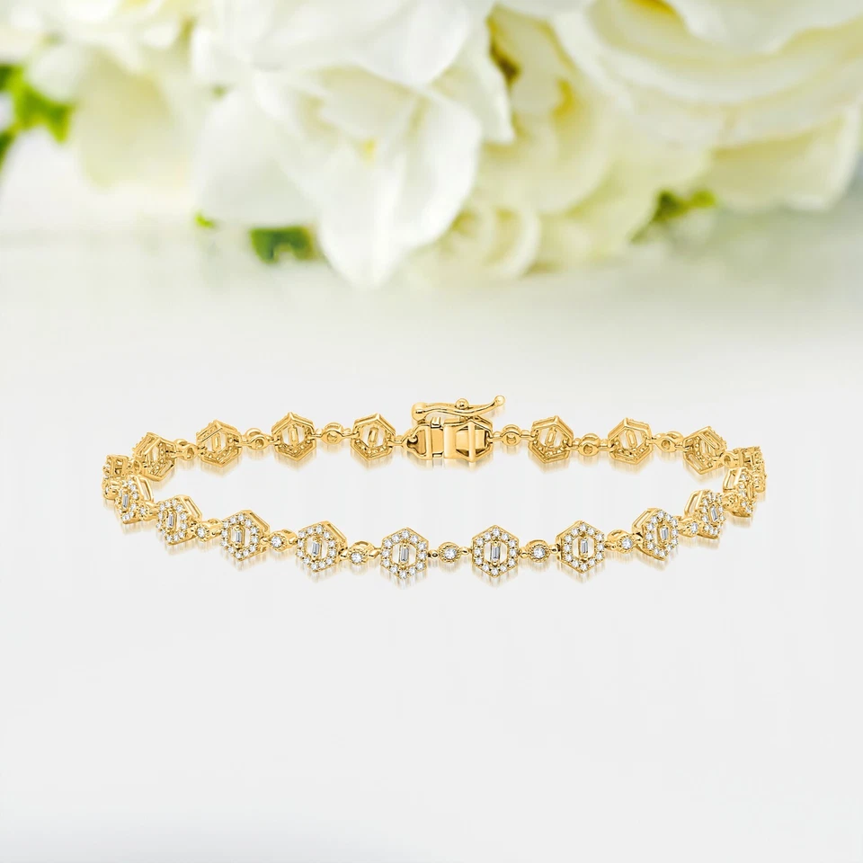 1 CT Round Cut I2 H Natural Diamond Halo Tennis Bracelet 10K Yellow Gold 8.5" - Image 2 of 4
