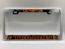 "USC TROJANS" License Plate Frame, Custom Made of Chrome Plated Metal