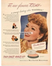 1945 Max Factor Pan-Cake Make-up Claudette Colbert Vintage Ad 