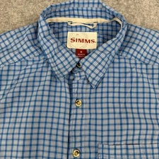 Simms Shirt Men's Medium Blue Fishing Plaid Vented Short Sleeve Outdoor Hiking