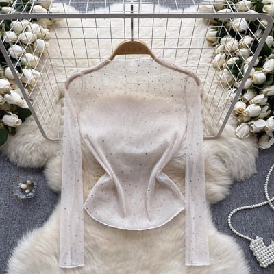 Women Rhinestone Crystal Blouse Mock Neck T Shirt Mesh Shiny Glitter Tops Tee