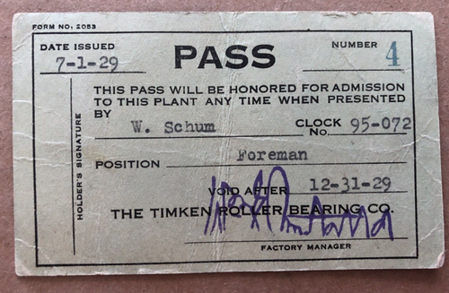 Vintage TIMKEN ROLLER BEARING CO 1929 Pass Card Ticket Canton Oh Foreman Schum - Picture 1 of 2