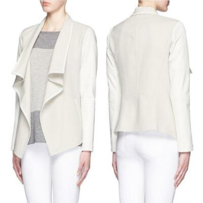 Vince Ivory Lamb Leather Trim Wool Blend Open Front Drape Jacket