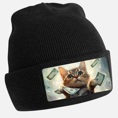 Black Beanie Hat with Cool Funny Cat Motif - Unisex Cap, Cotton