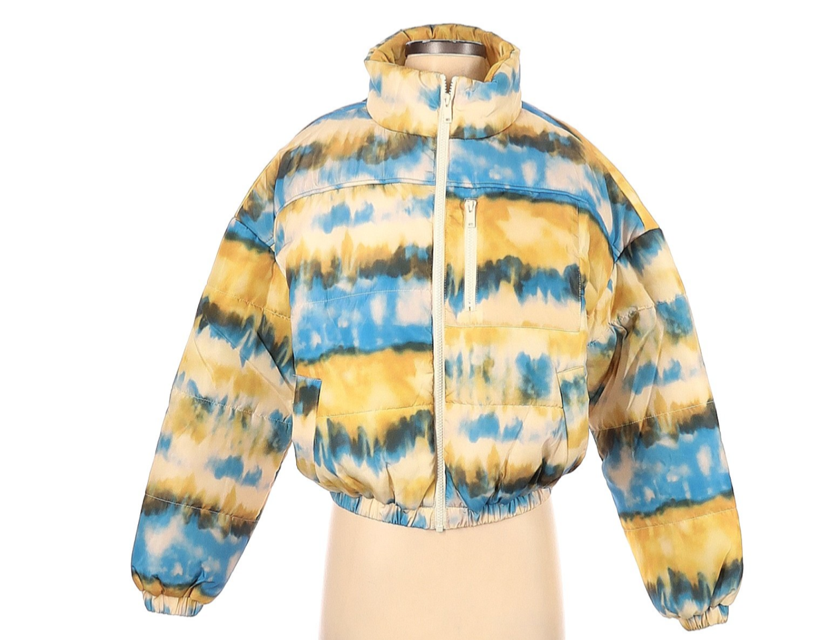 NWT BP Yellow Blue Horizon Print Tie Dye Puffer Jacket Coat Size