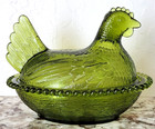 Vintage Indiana Glass Carnival Olive Green Hen on Nest with Beaded Nest 7" — photo 4