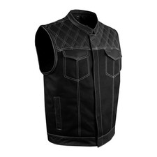 Mens Black Denim Leather Motorcycle Club Vest Diamond Stitch Pockets