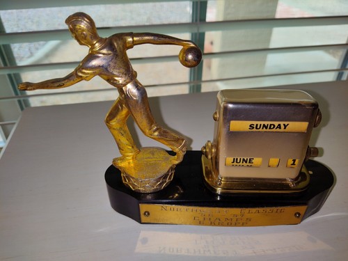 VTG 1957 Metal Bowling Trophy With Brass Flip Perpetual Calendar Marble Base - Picture 13 of 16