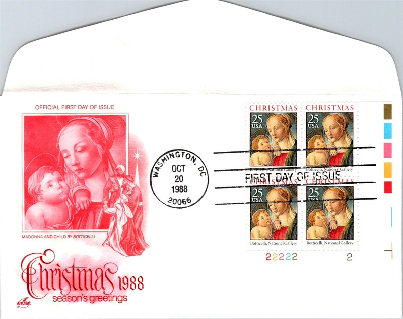 S09-6249, CHRISTMAS 1988, MADONNA AND CHILD, PLATE NUMBER BLOCK, ARTCRAFT FDC