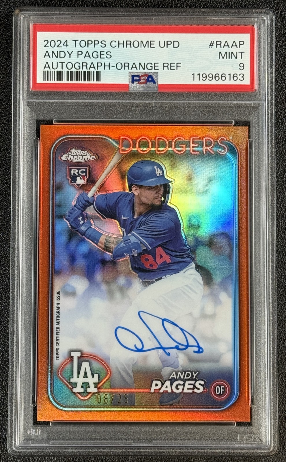 ANDY PAGES PSA 9 2024 TOPPS CHROME UPDATE ROOKIE AUTO ORANGE REFRACTOR RC 8/25