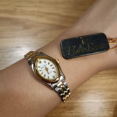 NOS Vintage Philip Persio Ladies Watch Two Tone Bracelet White Dial New Battery