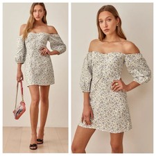 Reformation Kathryn linen off the shoulder puff sleeve mini dress pixie floral 4