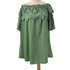Umgee USA Off Shoulder Crochet Lace Flounce Sleeve Mini Dress Olive Green Size L