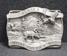 WA07113 VINTAGE 1981BERGAMOT  ALASKA IS WHAT AMERICA WAS  PEWTER BELT BUCKLE