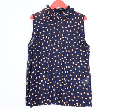 Piper Petites Top Size 8 Navy Blue Blush Polka Dot Sheer Chiffon Ruffle Neck