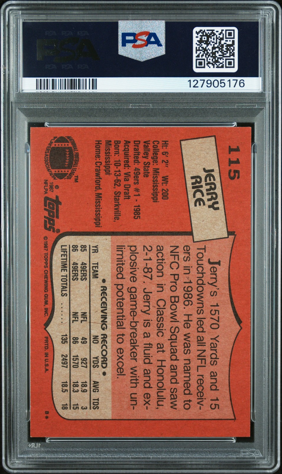 1987 TOPPS #115 JERRY RICE PSA 9 view 2