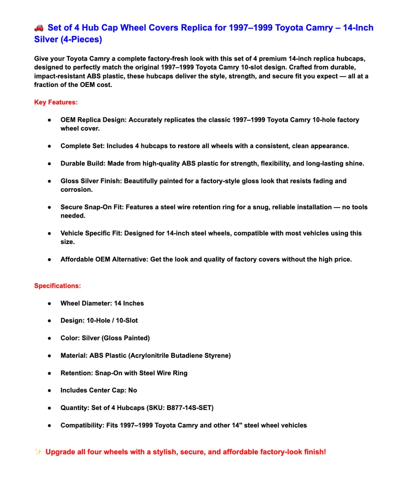 14" Silver Wheel Covers Hub Caps for 1997-1999 Toyota Camry # B877-14S (4-Piece) - Imagem 4 de 4