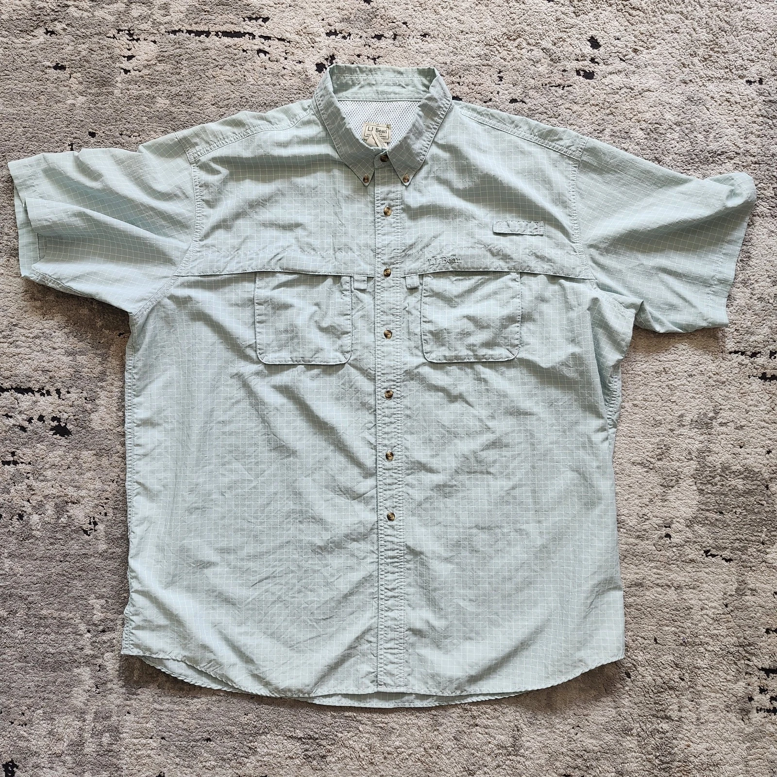 LL Bean Fishing Shirt Mens XXL Tall Green Plaid Short Sleeve Vent Tech Hiking
