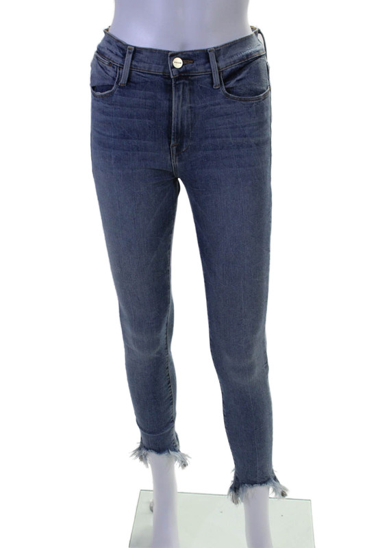 Frame Denim Womens Zipper Fly High Rise Fringe Ankle Skinny Jeans Blue Size 27