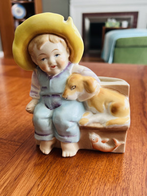 Vintage MCM Porcelain Figurine Planter Boy With Puppy And Fish Kitsch So Cute!