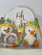 Unisex Handmade Crochet 3 Piece Chick Doll, Shaker Pacifier Holder