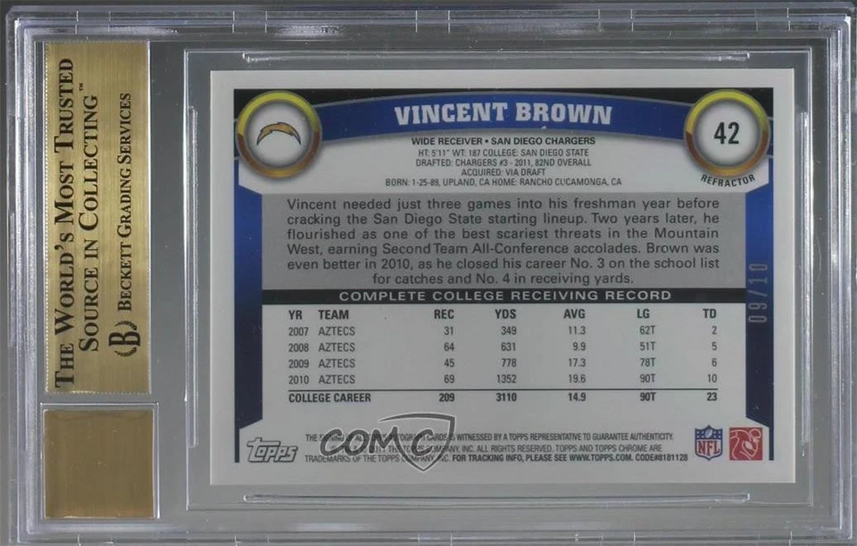 2011 Topps Chrome Gold Refractor Rookie /10 Vincent Brown BGS 9.5 GEM MINT Auto - Image 2 of 2