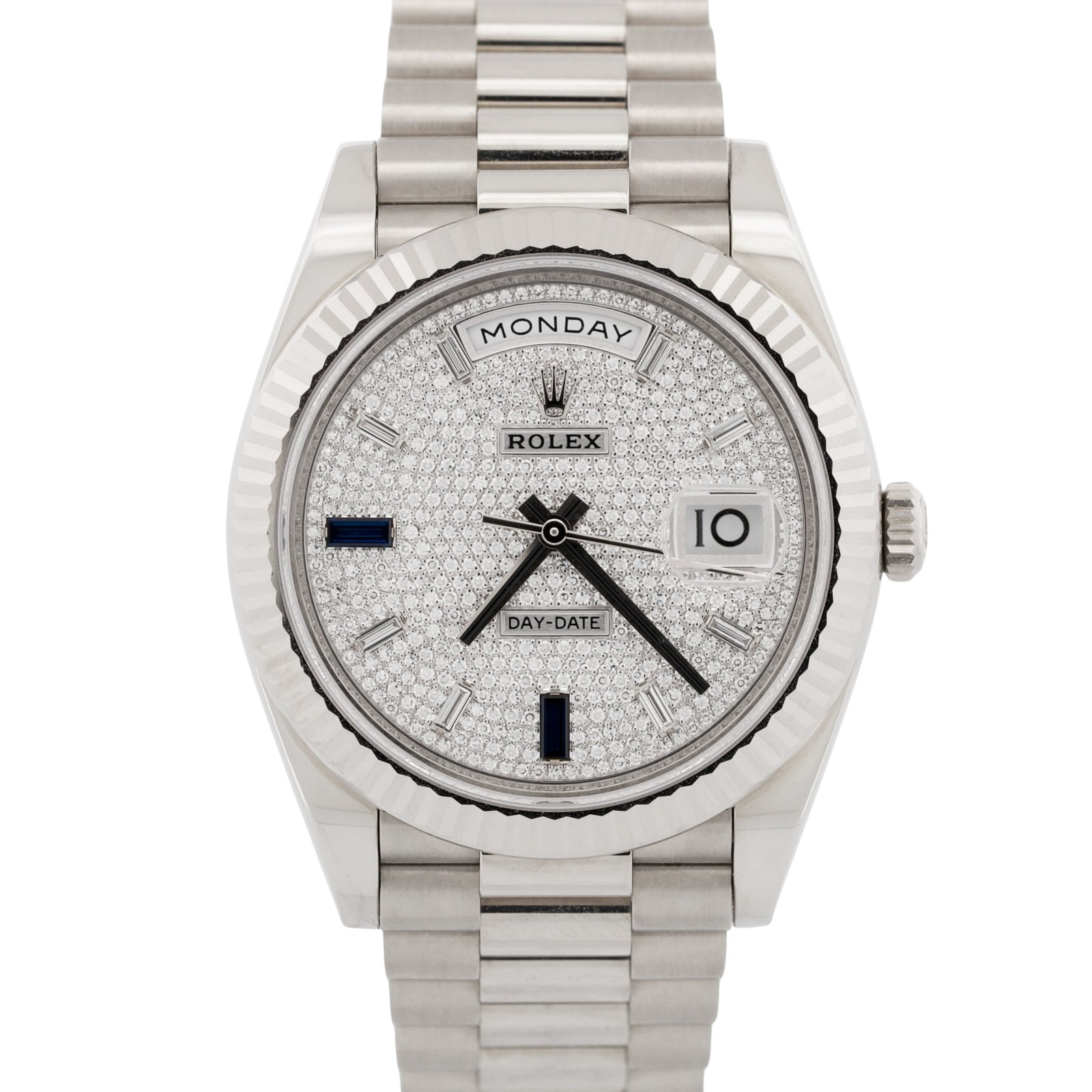 2021 Rolex Day-Date President 228239 Pave Diamond Blue 18K Gold 40mm Box Papers