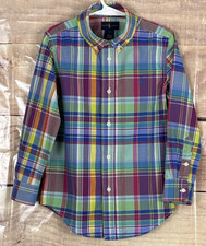 Ralph Lauren Boys 5 Button Down Dress Shirt Multicolor Plaid Cotton Logo