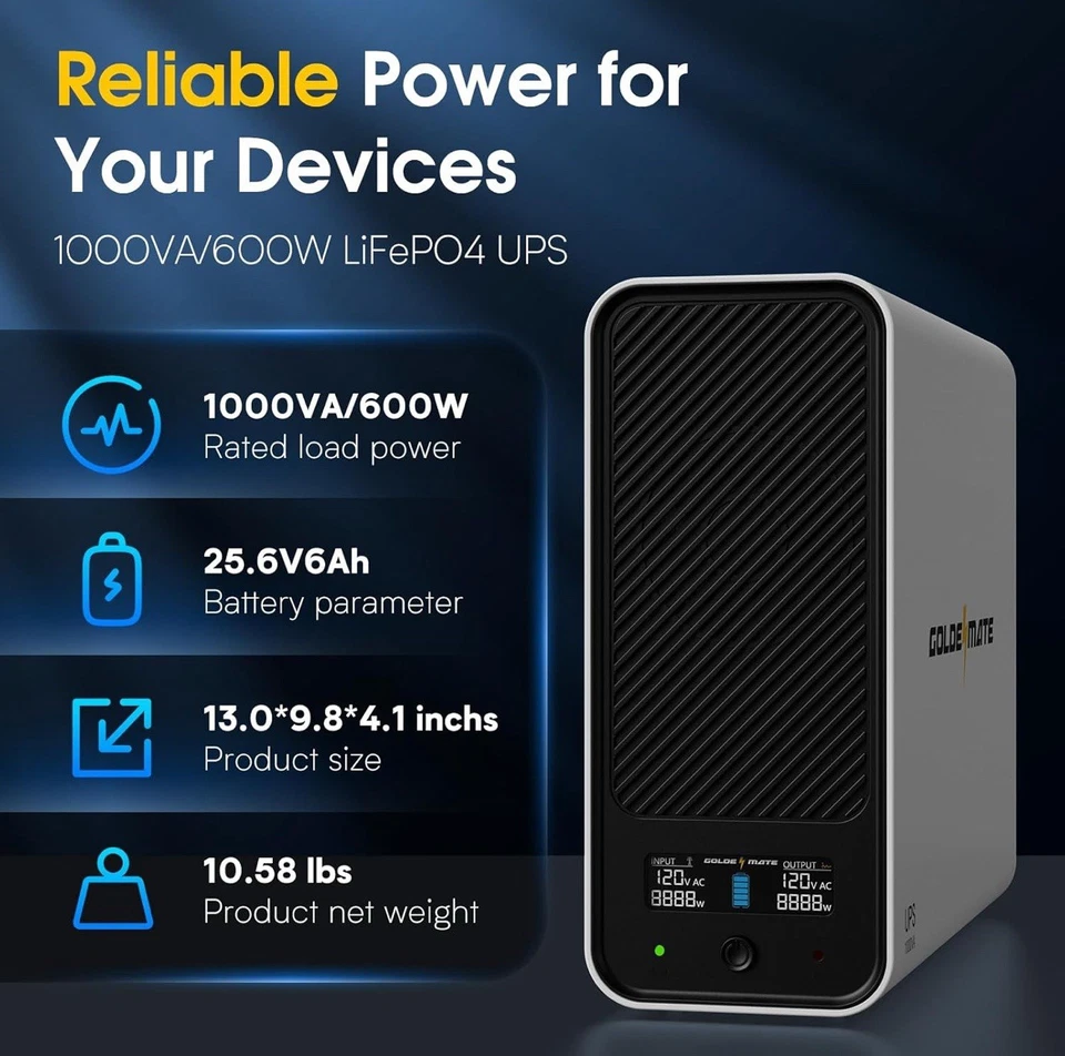 GOLDENMATE 1000VA/600W Lithium UPS Backup Power, LiFePO4, LCD, 8-Outlet - Image 4 of 4
