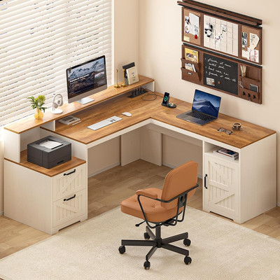 63'' Farmhouse L Shaped Executive Desk with Drawers & Storage Shelf, Corner Compu