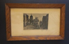 Rotenburg Tauber alter Kupfertiefdruck vor 1945 Bleistift signiert, Holzrahmen