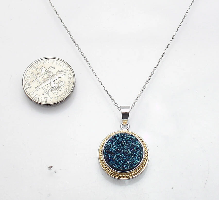 Blue Drusy Druzy Pendant with Cable Chain Necklace Anti Tarnish Real 925 Silver