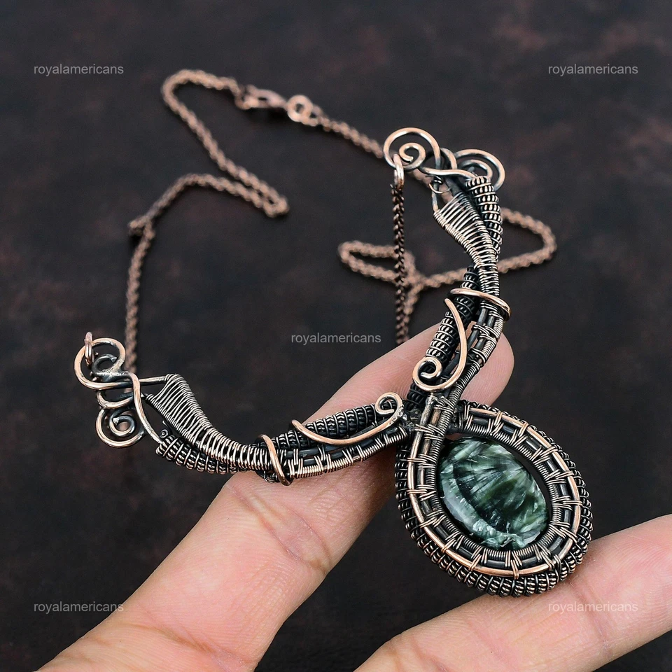 Collar de cadena envuelto en alambre regalo amor cobre piedras preciosas de serafinita 18,0" Foto 3 de 4