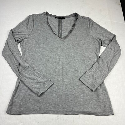 White House Black Market V-Neck Top Gray Minimalist Long Sleeve Soft Shirt LARGE