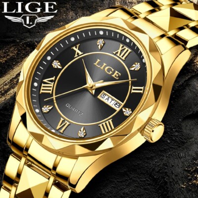 LIGE Men's Watch Stainless Steel Quartz Luminous Date Waterproof Luxury Watches