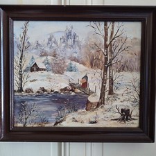 Dipinto A Olio Su Tela L.MOUGENOT Paesaggio Invernale Fiume Capanna E Fattorina