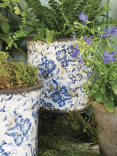 French Plant Pot, Weathered Shabby Chic White & Blue Floral Pattern Plant Pot
