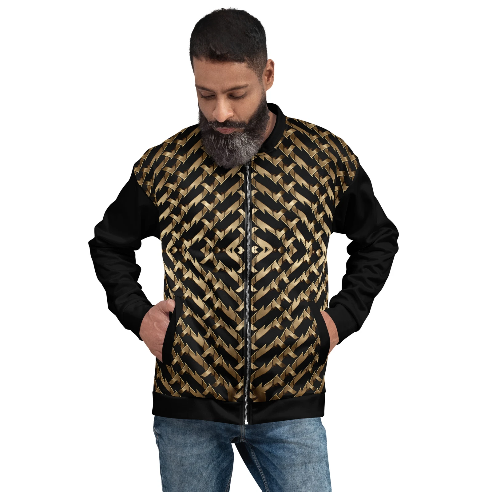 Dynamic Symmetry Black & Gold Bomber Jacket - Bold Geometric Streetwear for Men