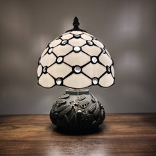 Tiffany Style Mini Table Lamp White Stained Glass Crystal Bean LED Bulb 12"H 8'W