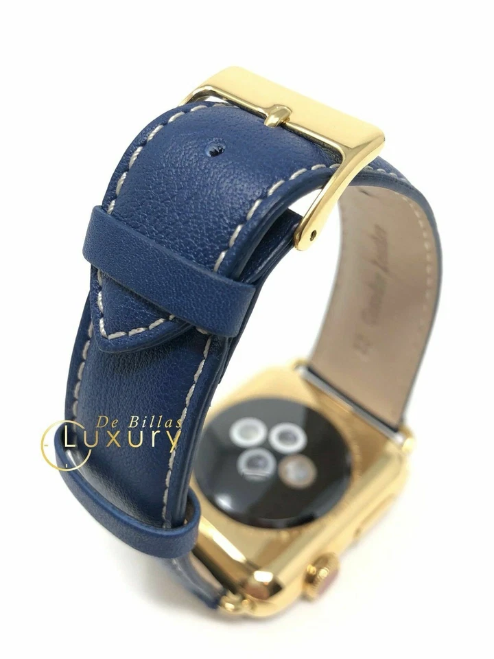 24K GOLD Plated 42MM Apple Watch SERIES 3 Blue Plain Leather Band - Image 3 of 4