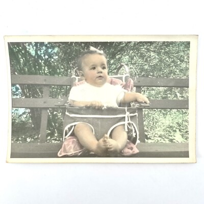 Color Tinted Vintage Photo Baby Girl In Antique High Chair On Bench Odd 1930s