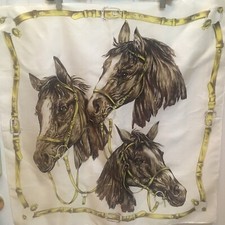 Vintage Scarf with Horses Equestrian Square Made in Japan Cream Brown Off White
