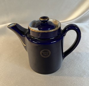Missouri Pacific Lines RR Teapot Vintage Cobalt Blue Gold Hall China Co Rare 5”T