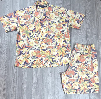 Vtg Polo Sport Ralph Lauren Aloha Hawaian Button Up Camp Shirt & Short Set  M/L