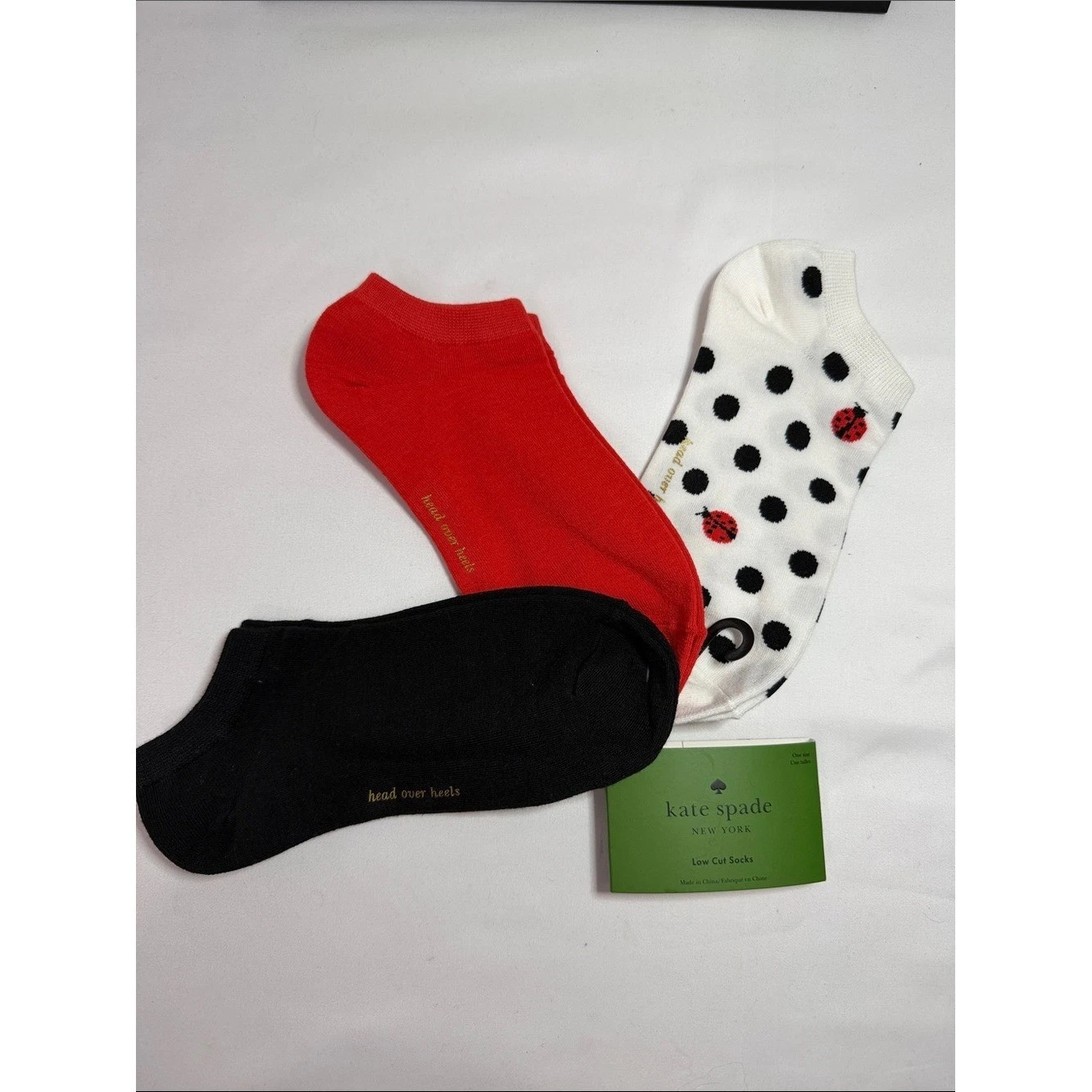 kate spade white polka dot ankle socks with red ladybug