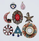 Vtg Costume Jewelry Pendant Charm Lot 8pc Enamel Cloisonne Copper Cat Moon Czech
