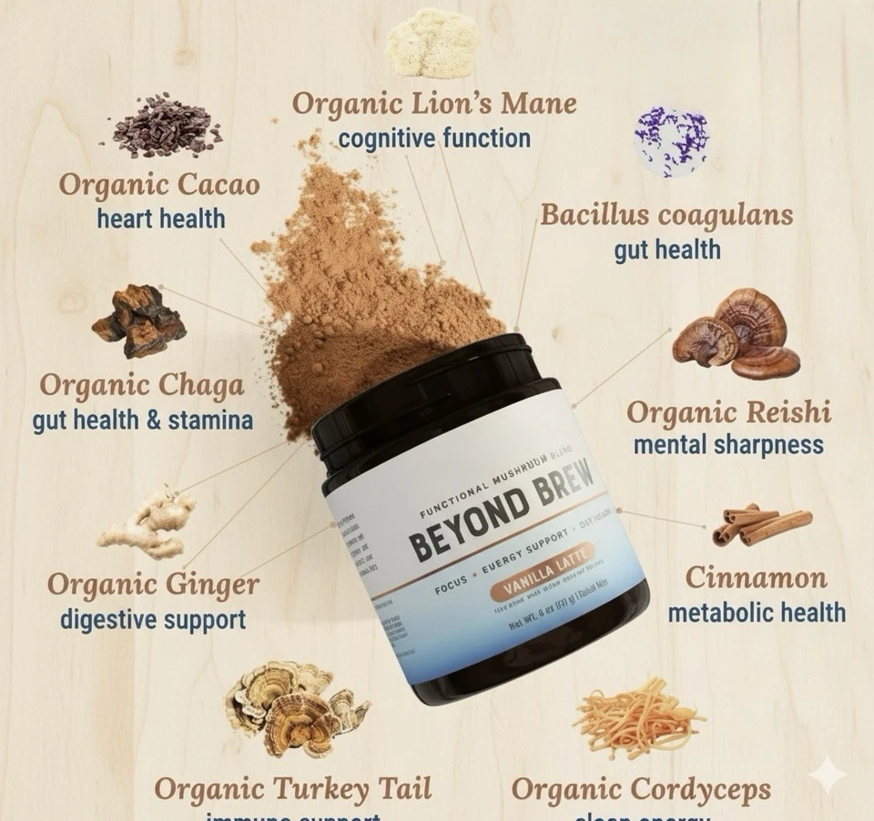 CARAMEL FLAVOR Beyond Brew Mushroom Coffee 7-in-1 Cacao Energy/focus/Gut/Mental! - Image 2 of 4